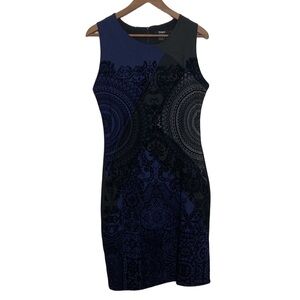 Desigual Dress Womens Large Navy Blue Black Stretch Velvet Sheath Mandala Print